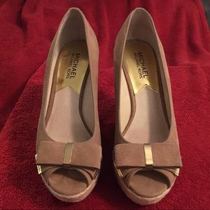 Michael Kors tan suede peep toe wedge